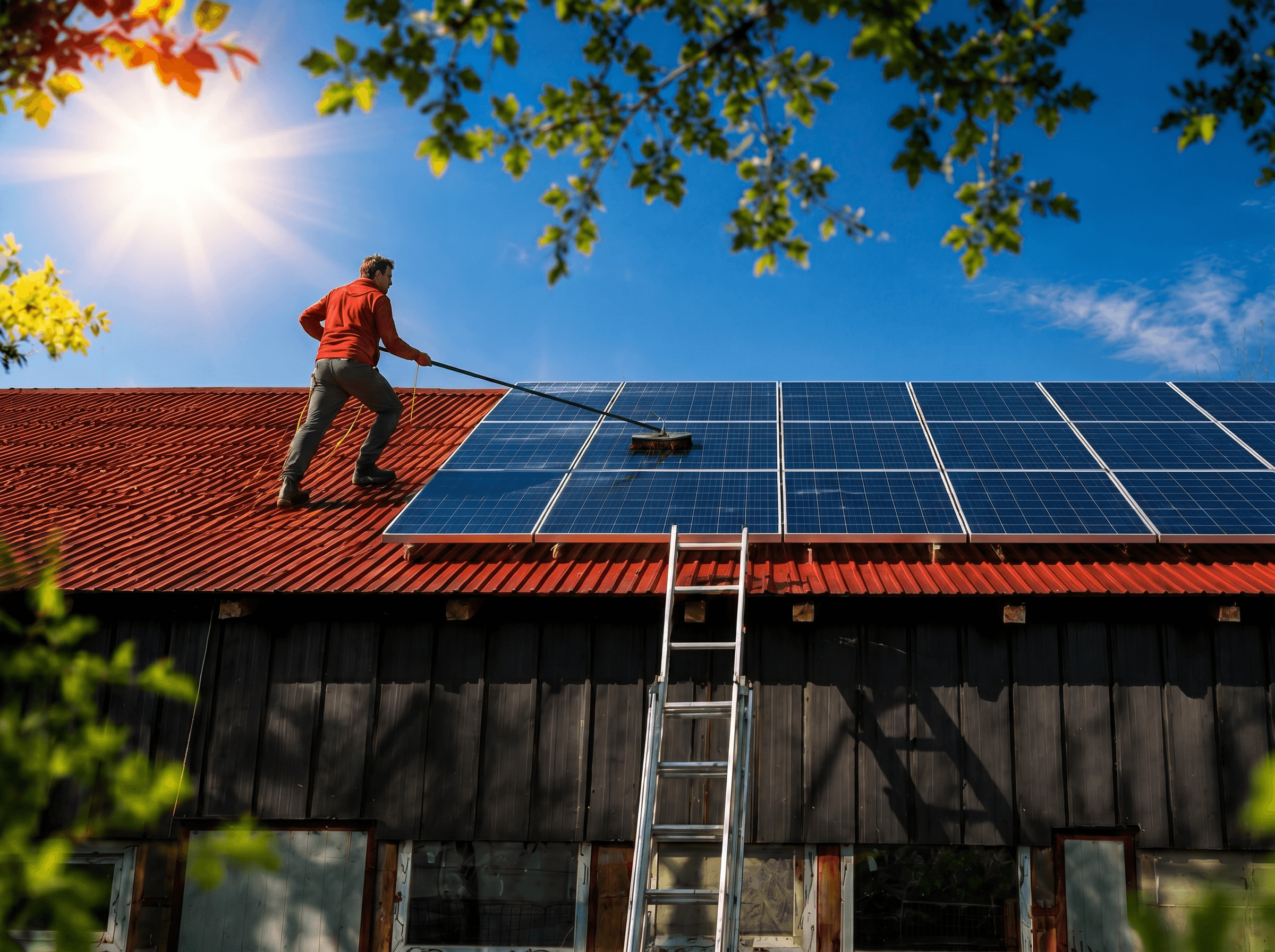 Tehnician care curăță panouri fotovoltaice rezidențiale cu perie moale și apă demineralizată
